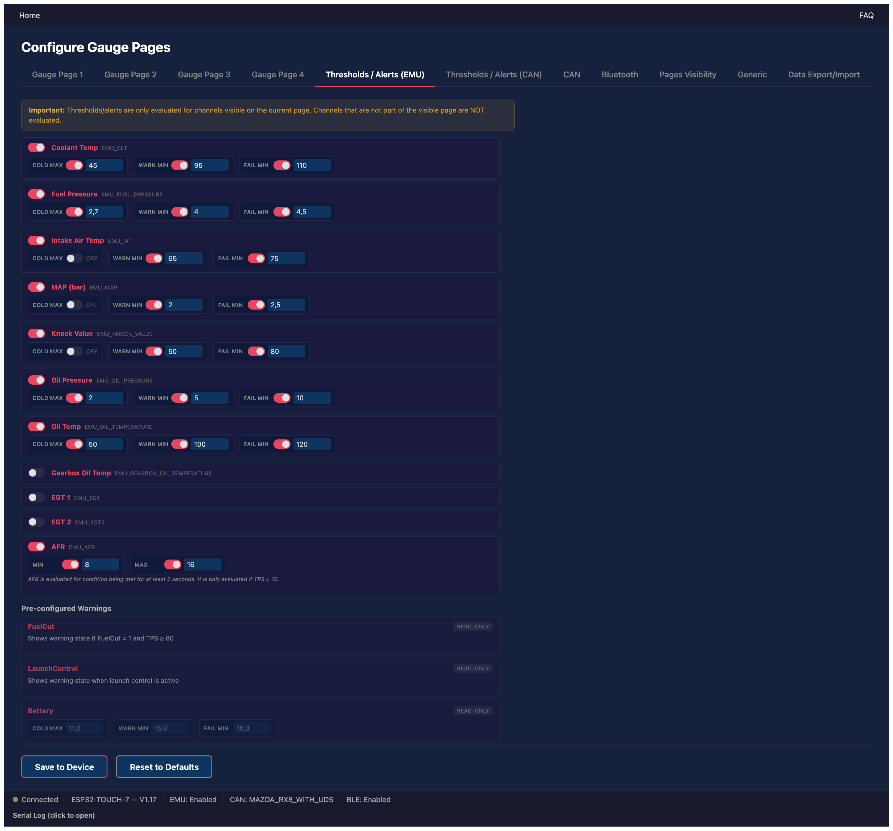 Configurator Thresholds EMU Page