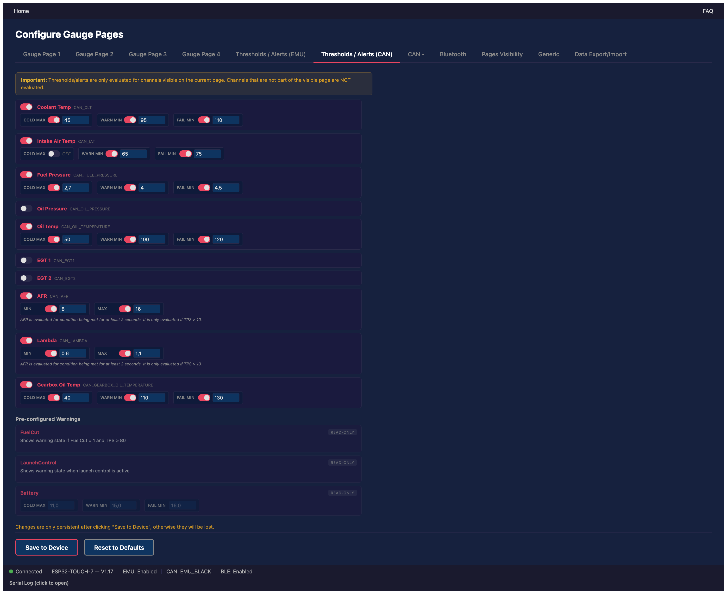 Configurator Thresholds CAN Page