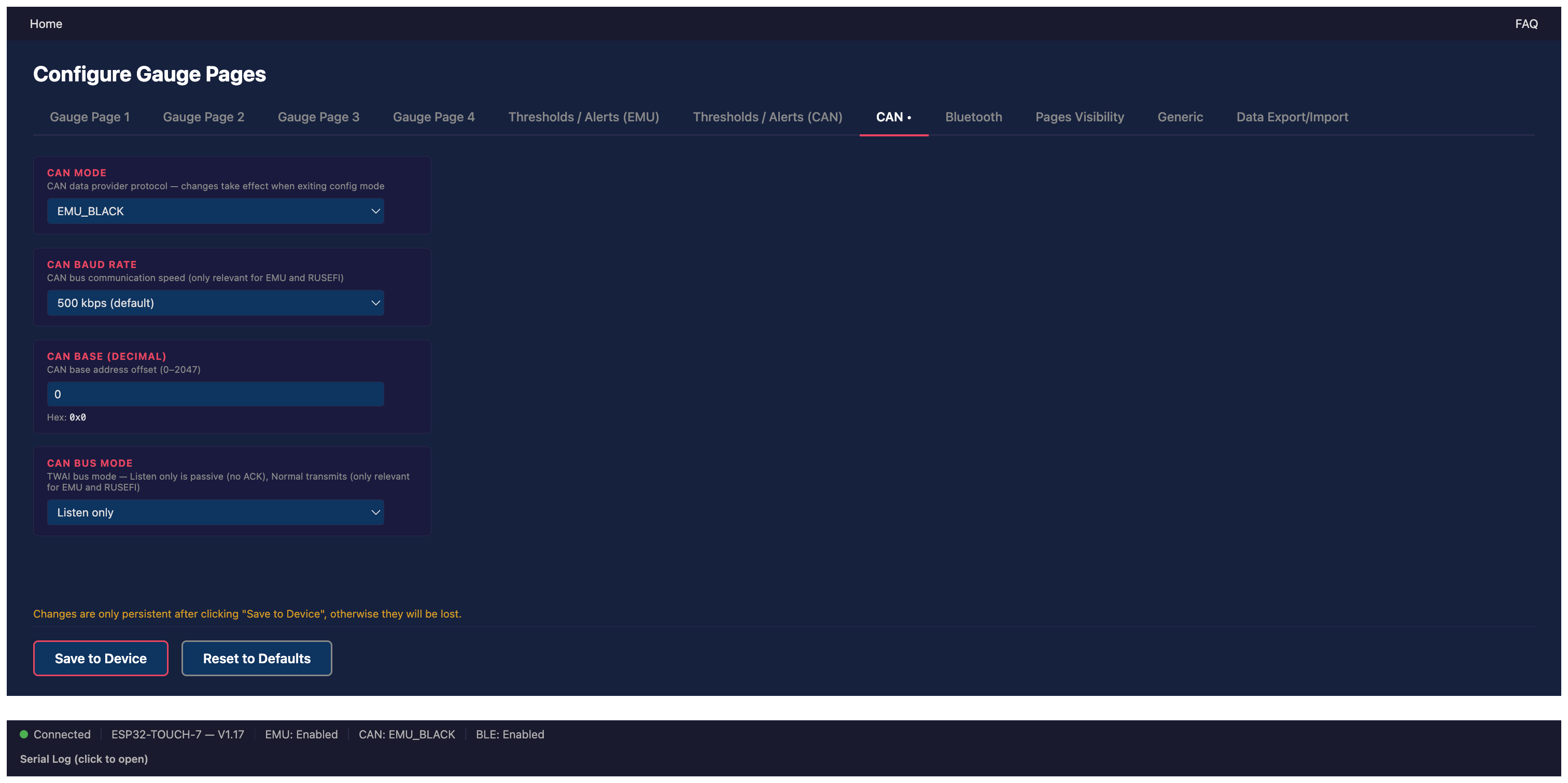 Configurator CAN Settings Page