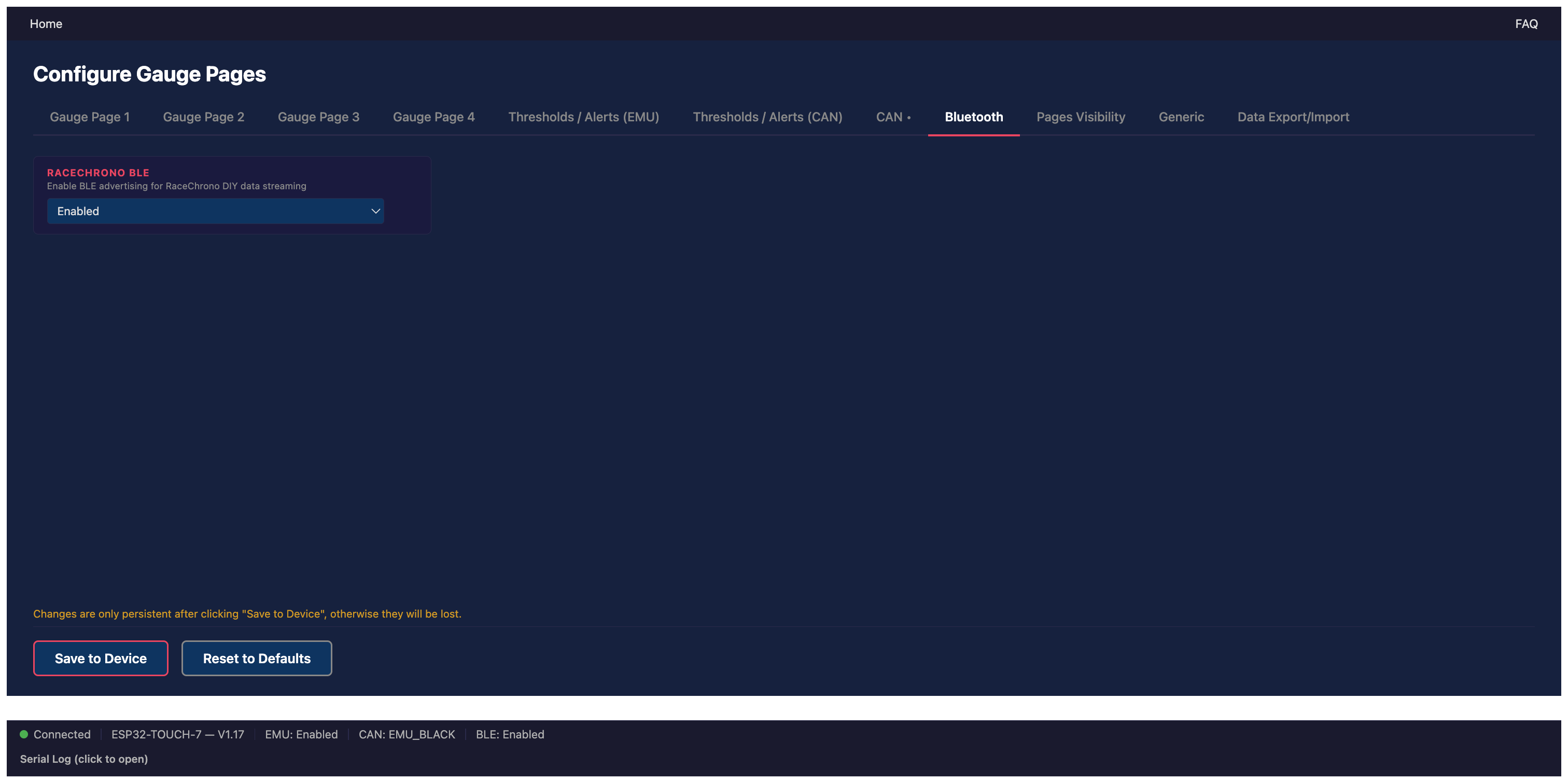 Configurator Bluetooth Settings Page