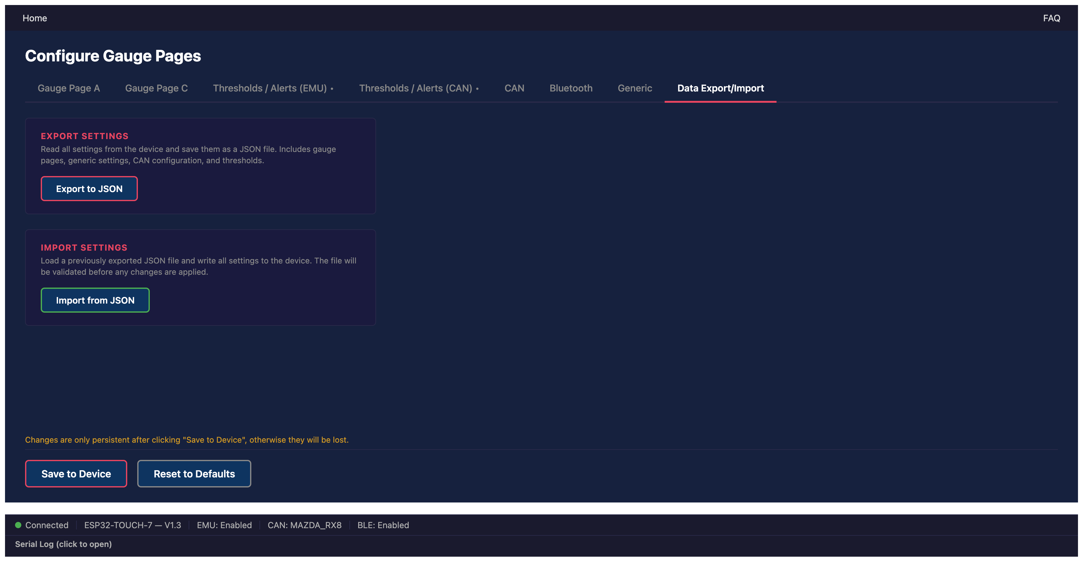Configurator Dash Settings Import/Export Page