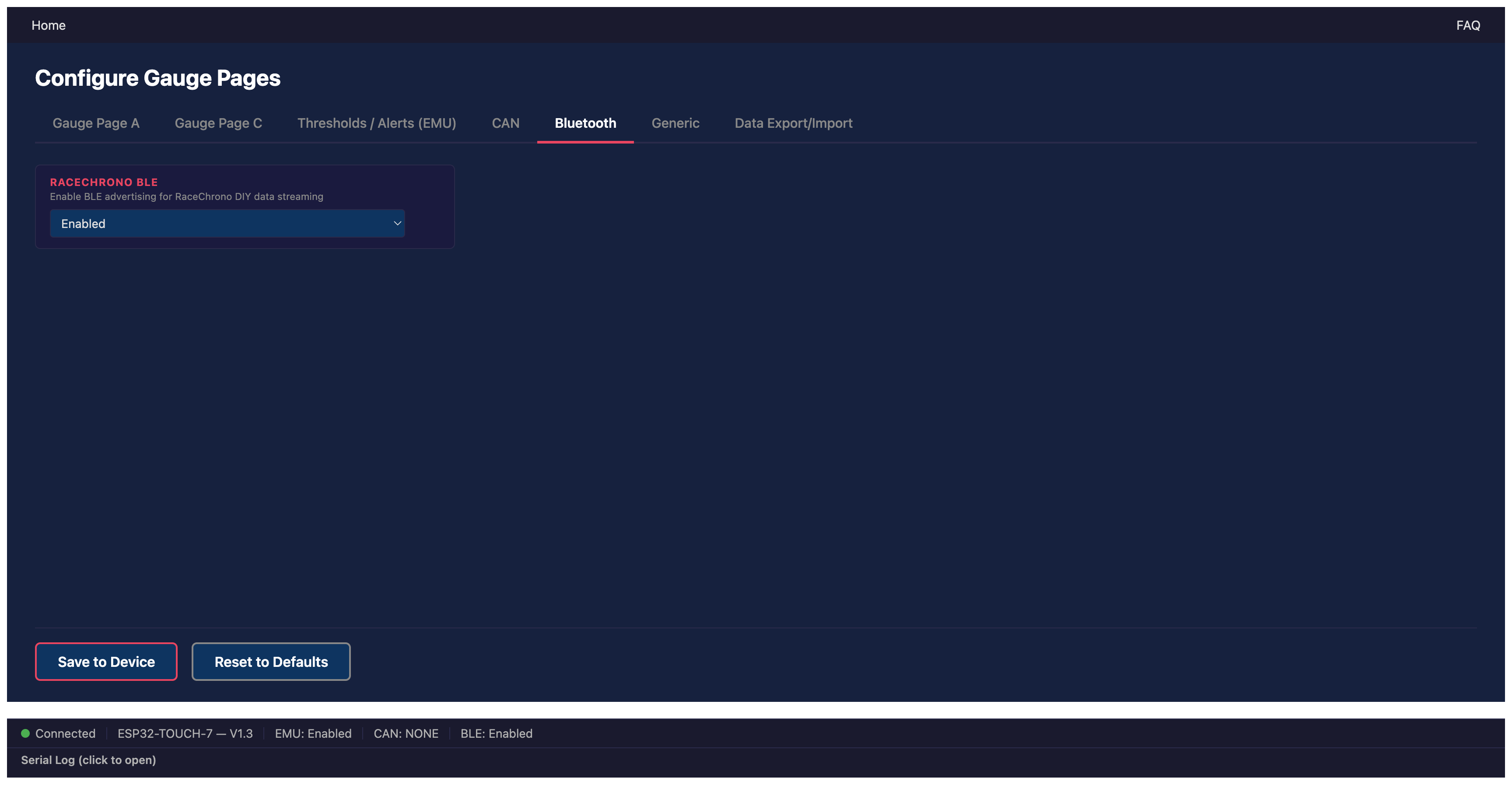 BLE streaming toggle in the configurator