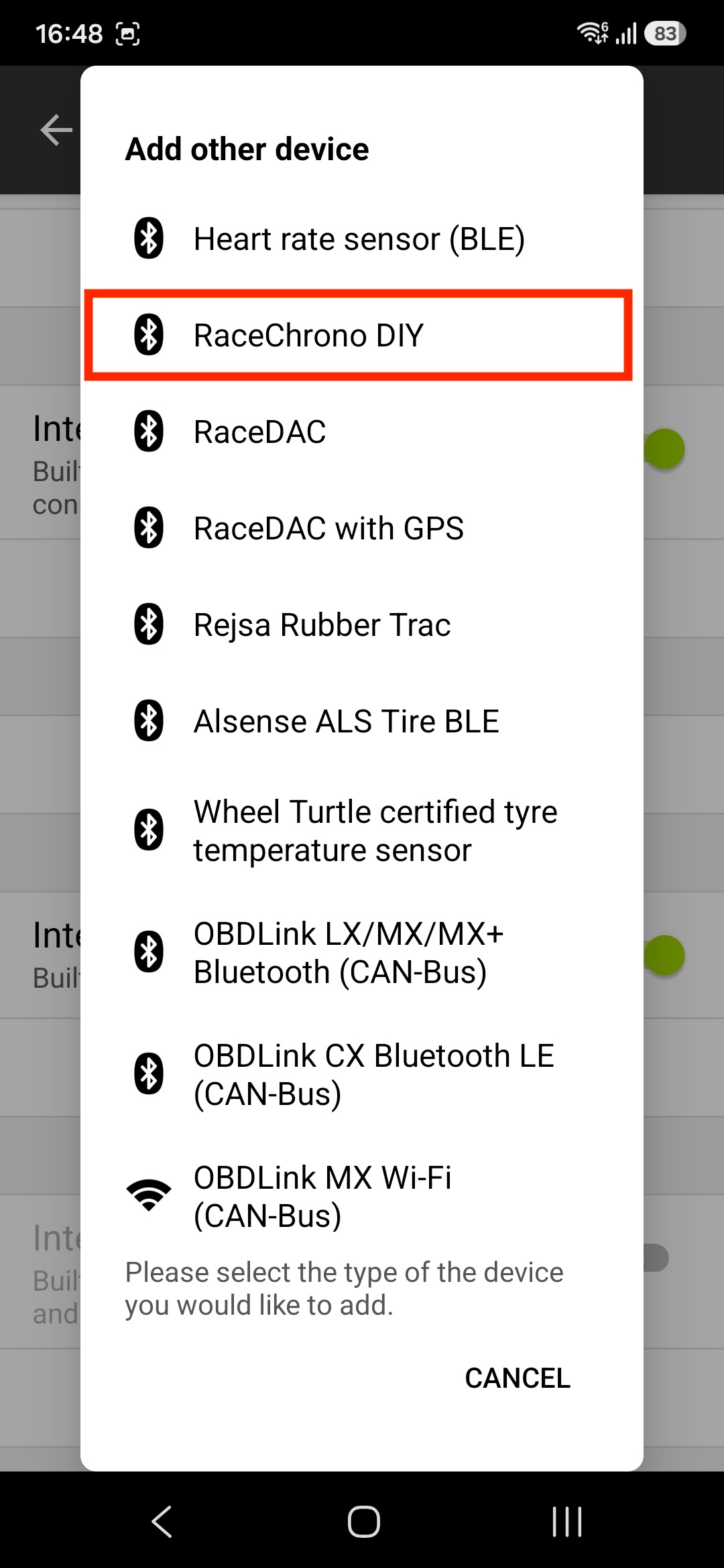 RaceChrono pairing step 2