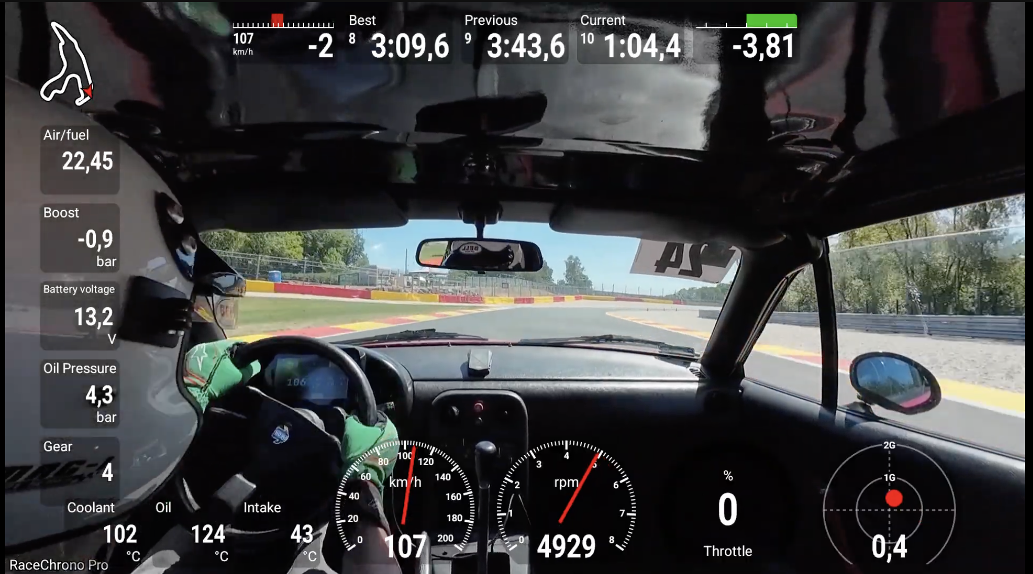 RaceChrono video overlay showing ApexDuck engine data alongside lap times and live delta